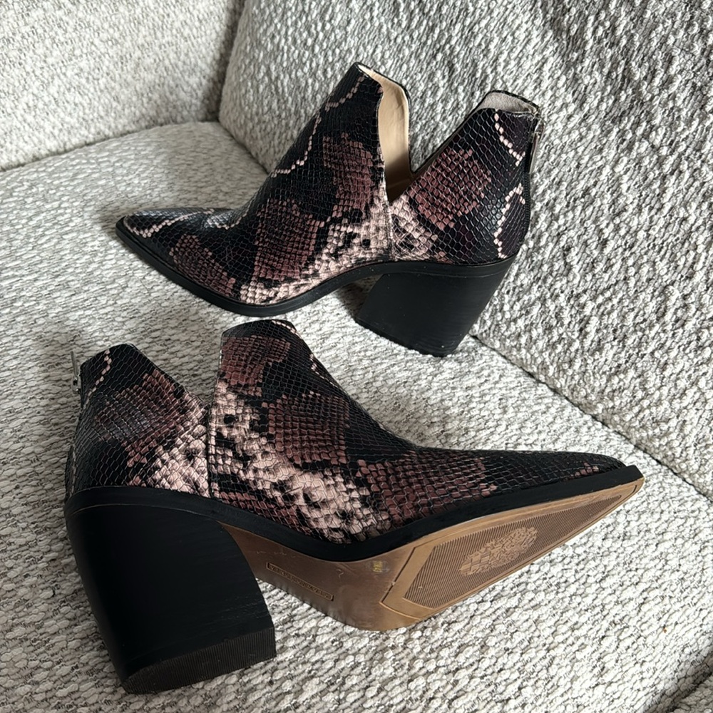 Vince Camuto heeled booties, purple snakeskin